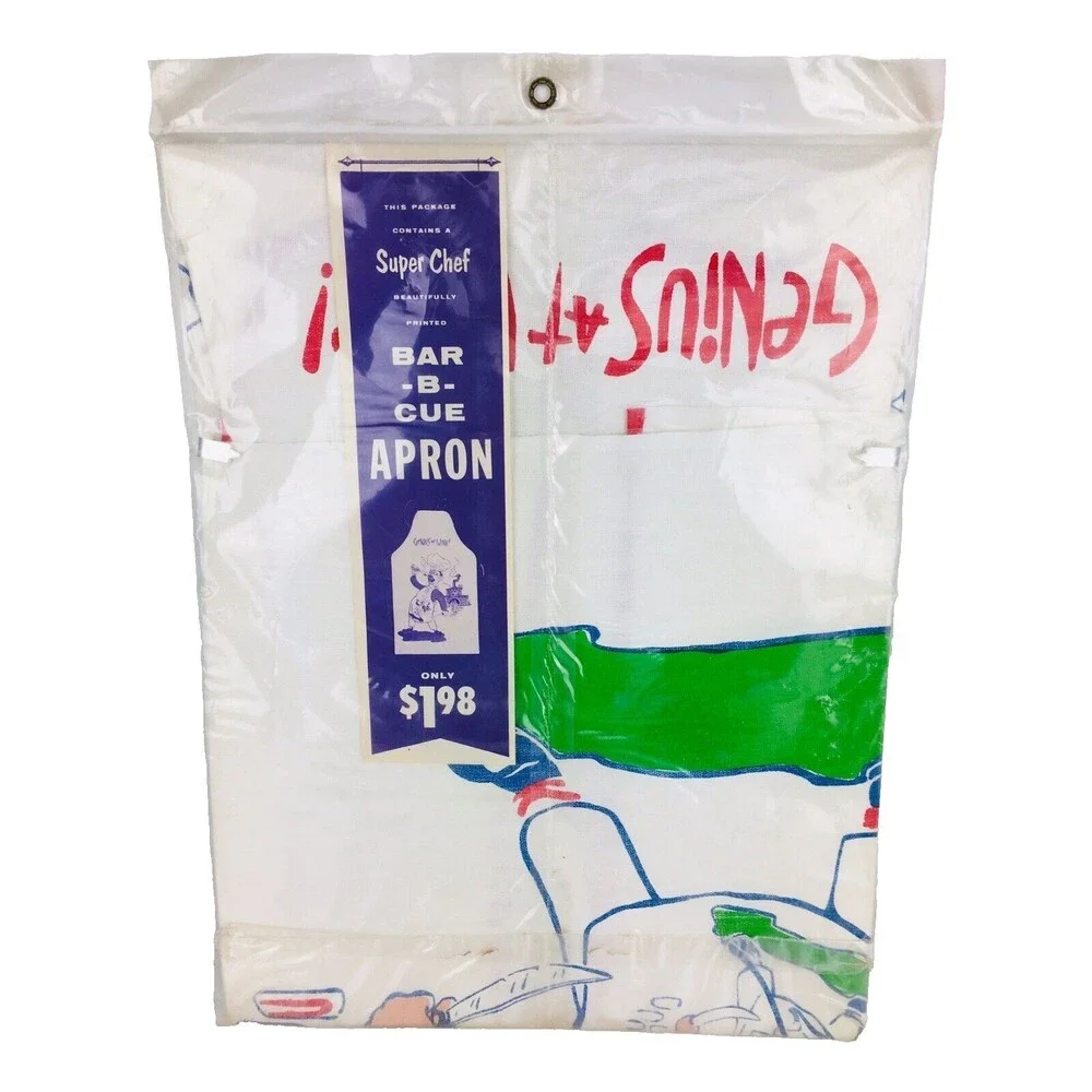 Vintage MCM 50s 60s 100% Cotton Graphic Super Chef Bar-B-Que Apron NEW NOS